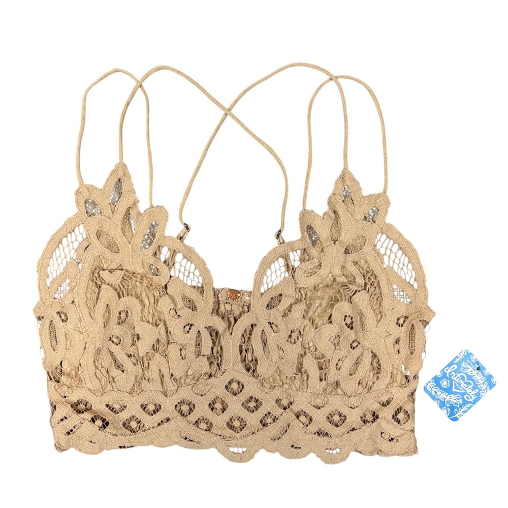 Free People Intimately Adella Bralette Nude Tan Lace Smocked F16M00206 Size M